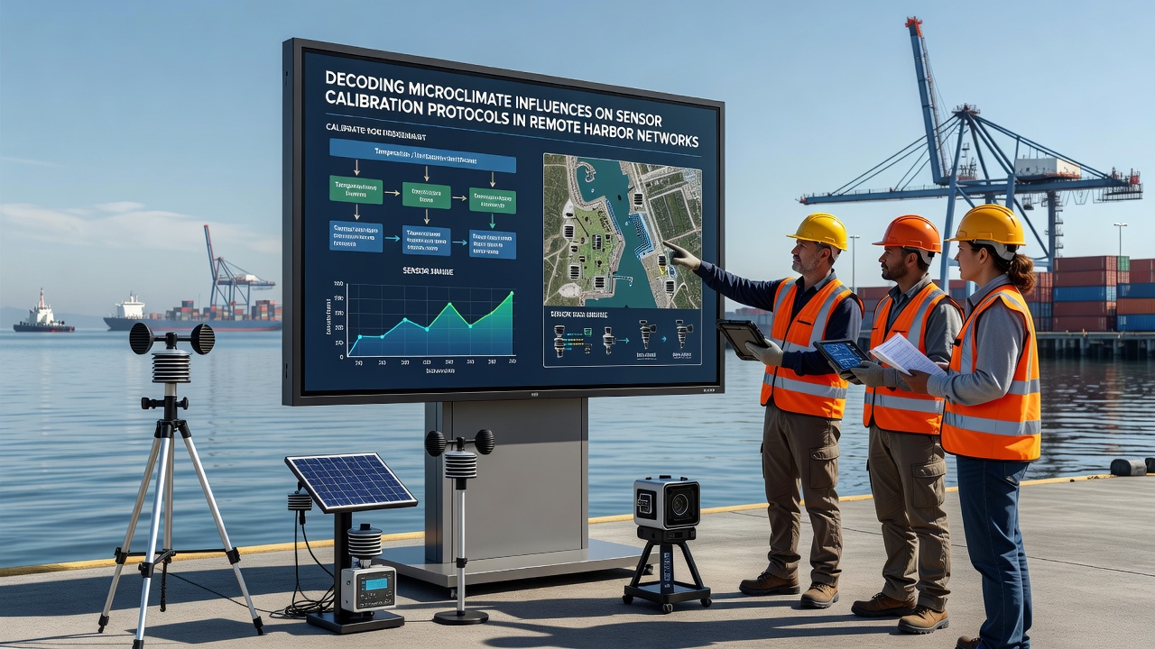 Technician inspecting sensor calibration equipment at a remote harbor installation during early morning fog