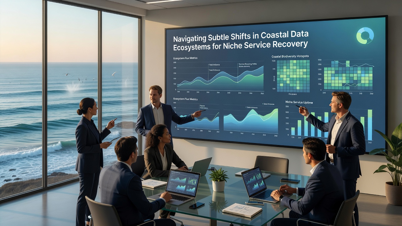 Data analysts reviewing coastal ecosystem metrics on multiple screens in a field office near the shore